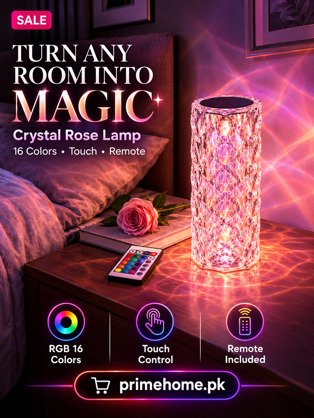 USB Rechargeable Crystal Rose Diamond Touch Lamp LED With RGB 16 Colors and Remote
